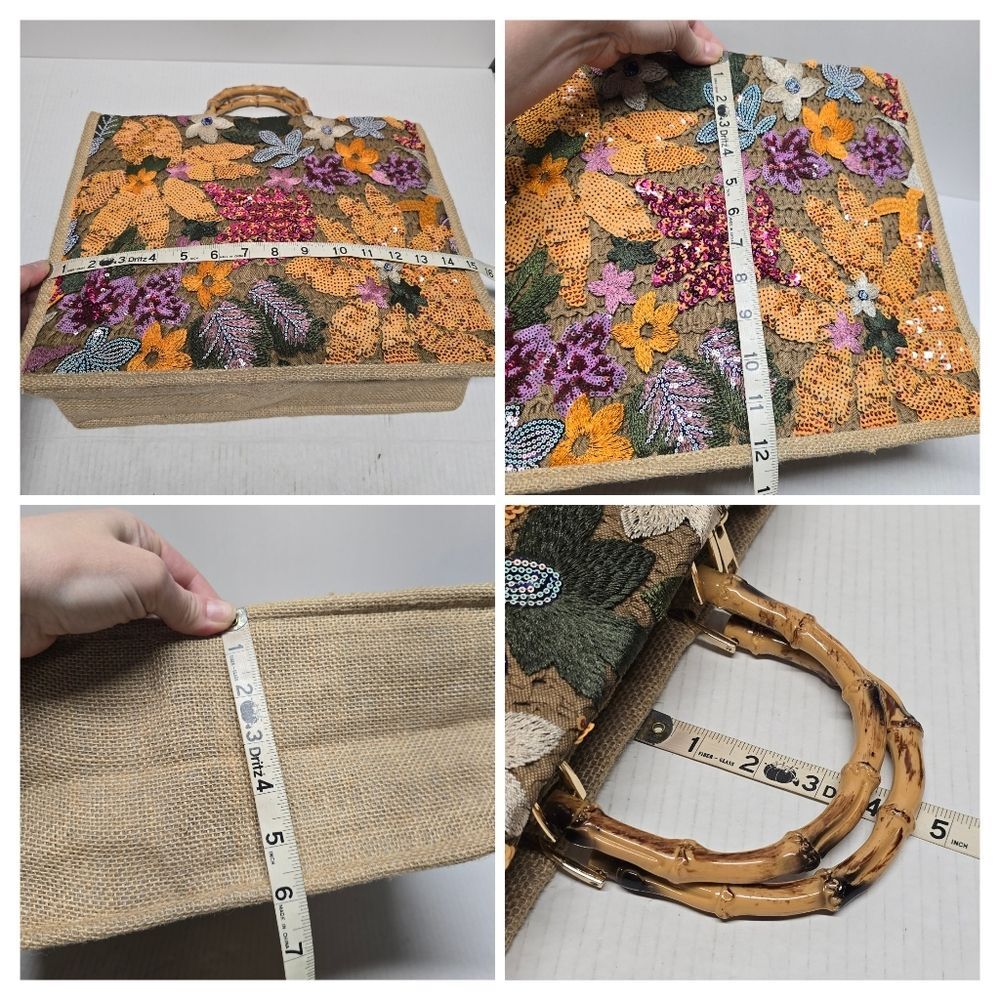 Boho Floral Embroidered Sequined Jute Summer Beach Tote Bag Colorful - Picture 8 of 9